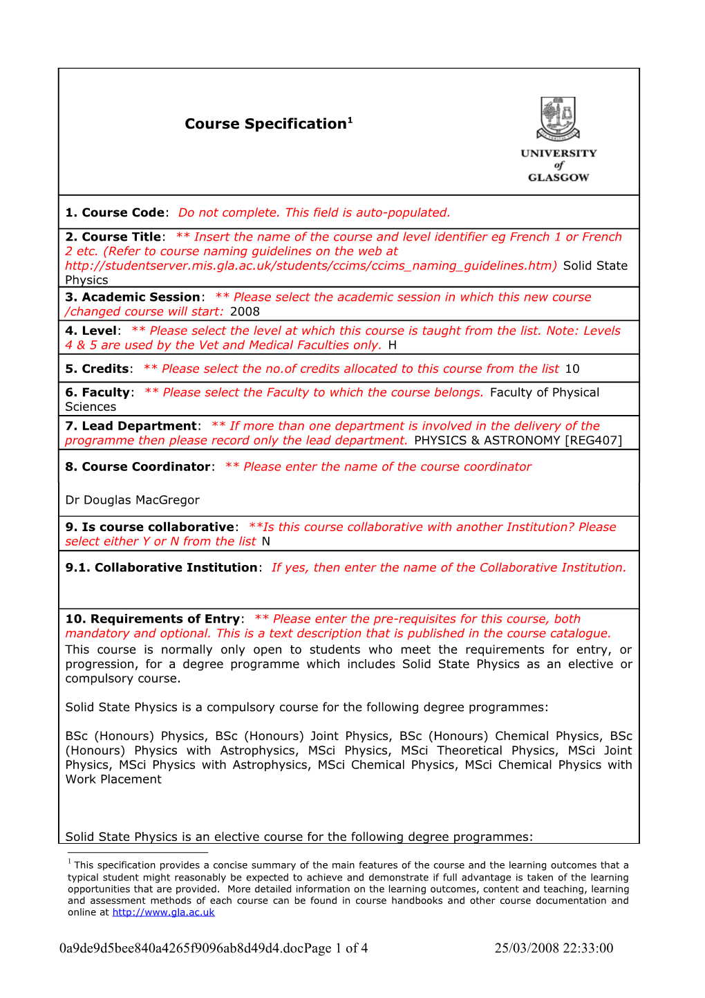 Solid State Physics Course Specification Page 4 of 4 25/03/2008 15:33