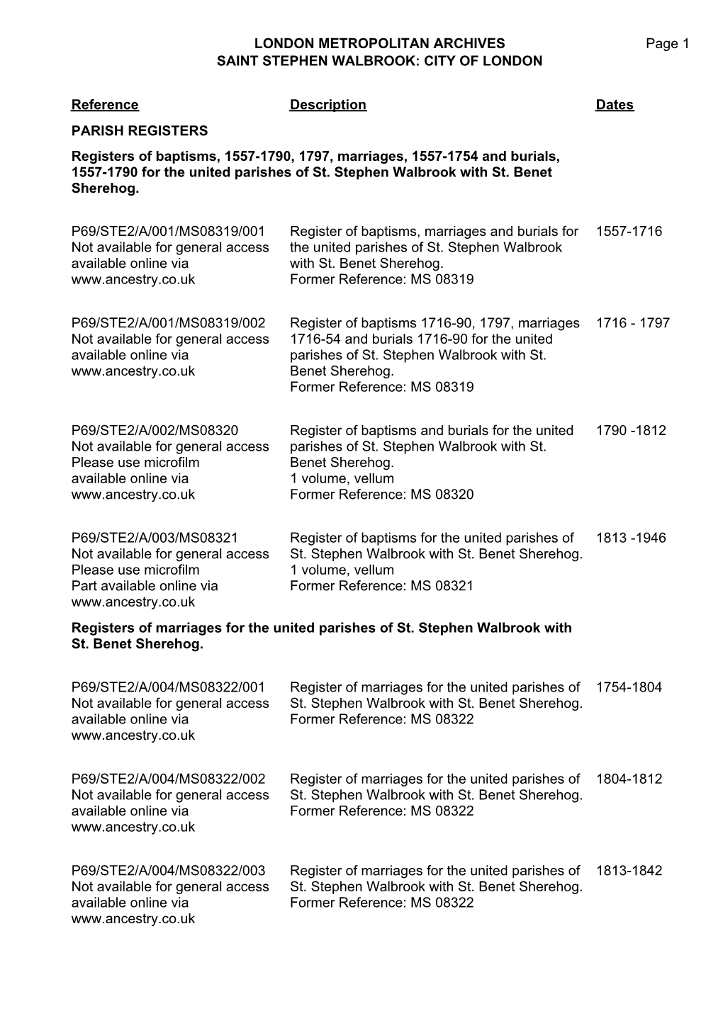 LONDON METROPOLITAN ARCHIVES SAINT STEPHEN WALBROOK: CITY of LONDON P69/STE2 Page 1 Reference Description Dates PARISH REGISTERS