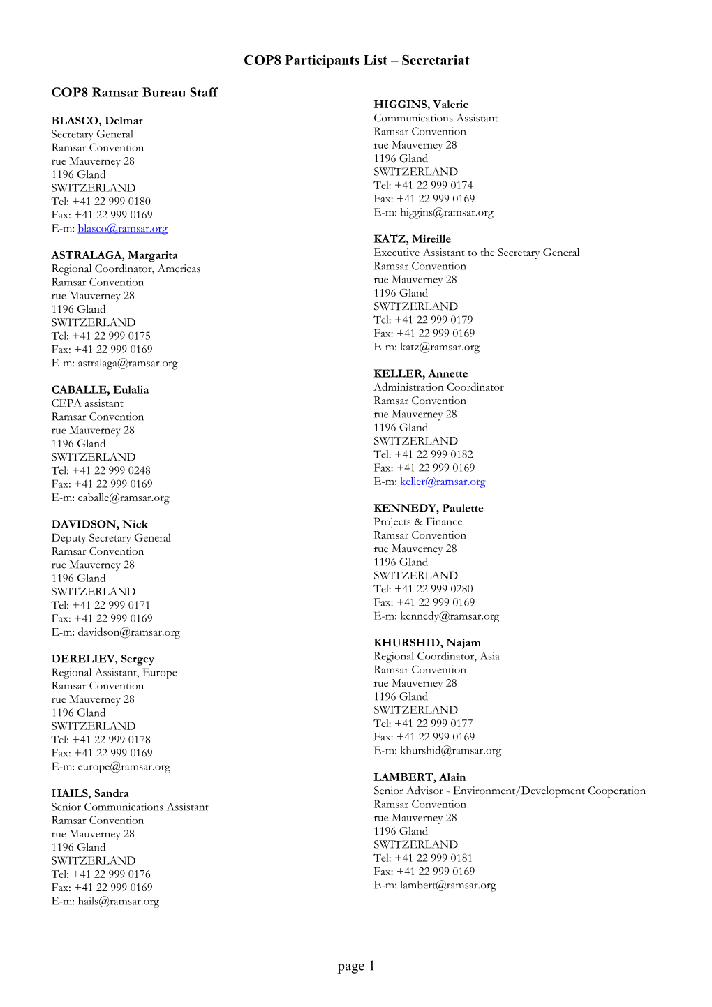 COP8 Participants List – Secretariat Page 1 COP8 Ramsar Bureau Staff