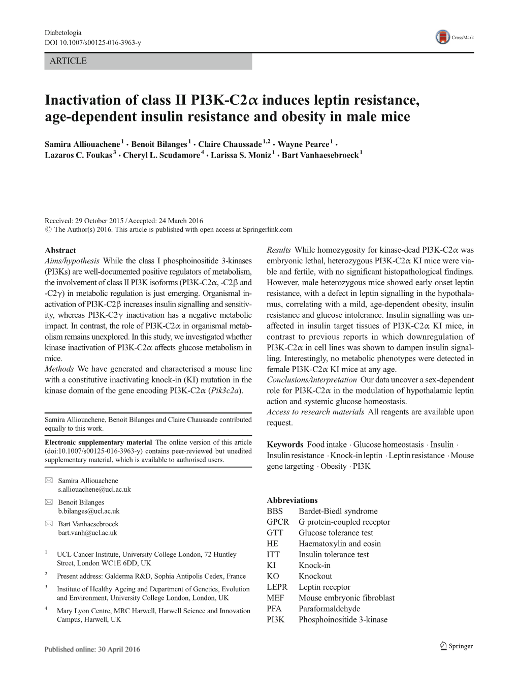 Inactivation of Class II PI3K-C2α Induces Leptin Resistance, Age-Dependent Insulin Resistance and Obesity in Male Mice