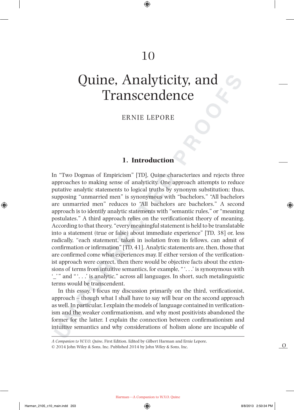 Quine, Analyticity, and Transcendence