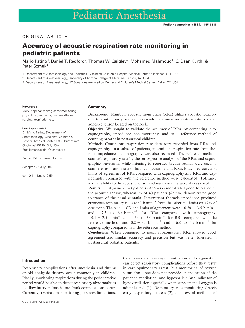 Accuracy of Acoustic Respiration Rate Monitoring in Pediatric Patients Mario Patino1, Daniel T