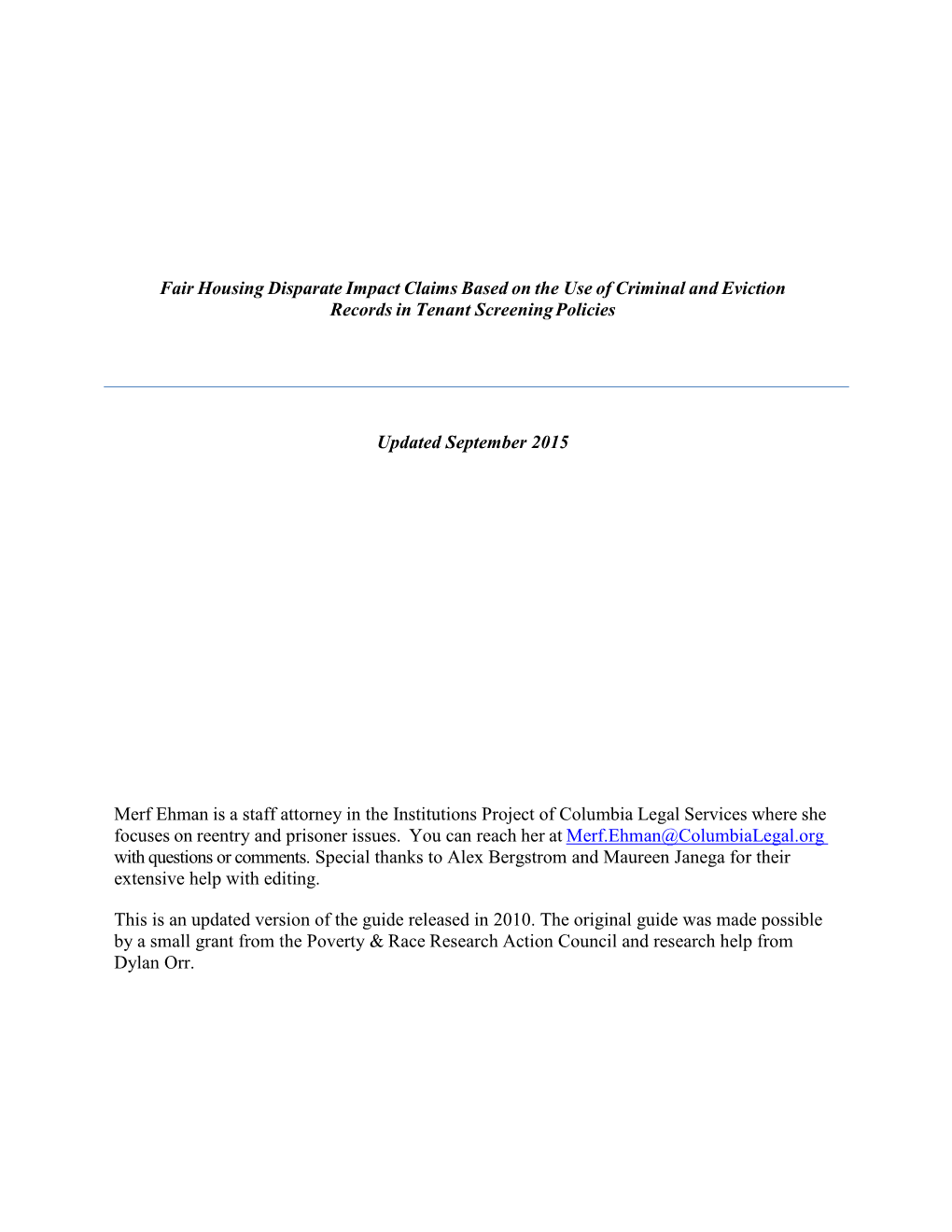 Fair Housing Disparate Impact Claims Based on the Use of Criminal and Eviction Records in Tenant Screening Policies