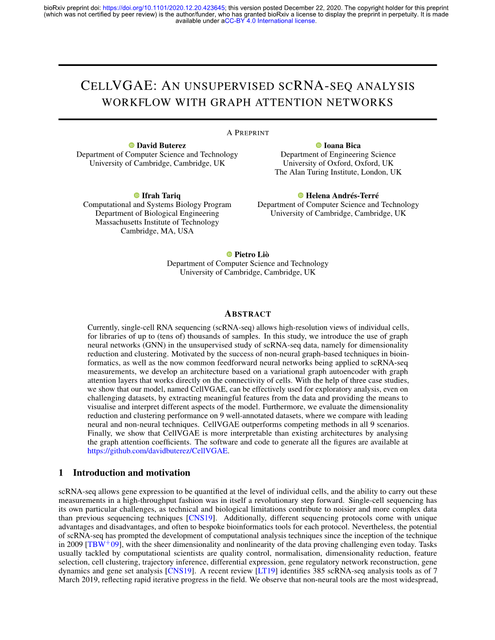 Cellvgae: an Unsupervised Scrna-Seq Analysis Workﬂow with Graph Attention Networks APREPRINT