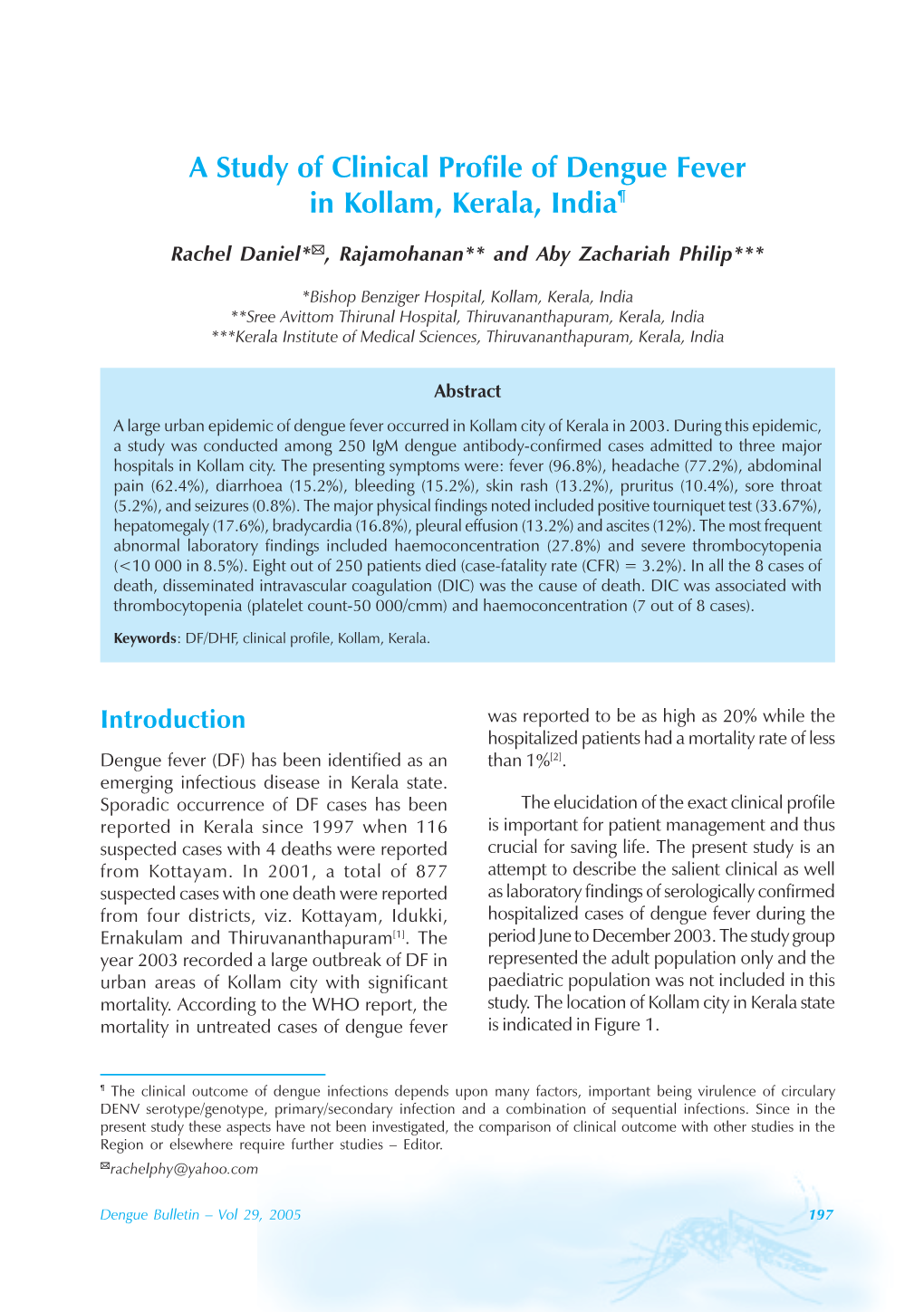 A Study of Clinical Profile of Dengue Fever in Kollam, Kerala, India¶