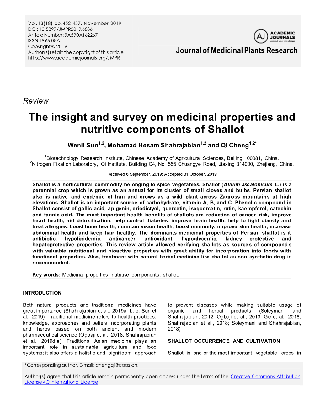 The Insight and Survey on Medicinal Properties and Nutritive Components of Shallot