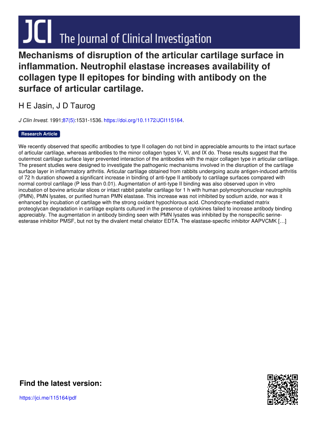 Mechanisms of Disruption of the Articular Cartilage Surface in Inflammation