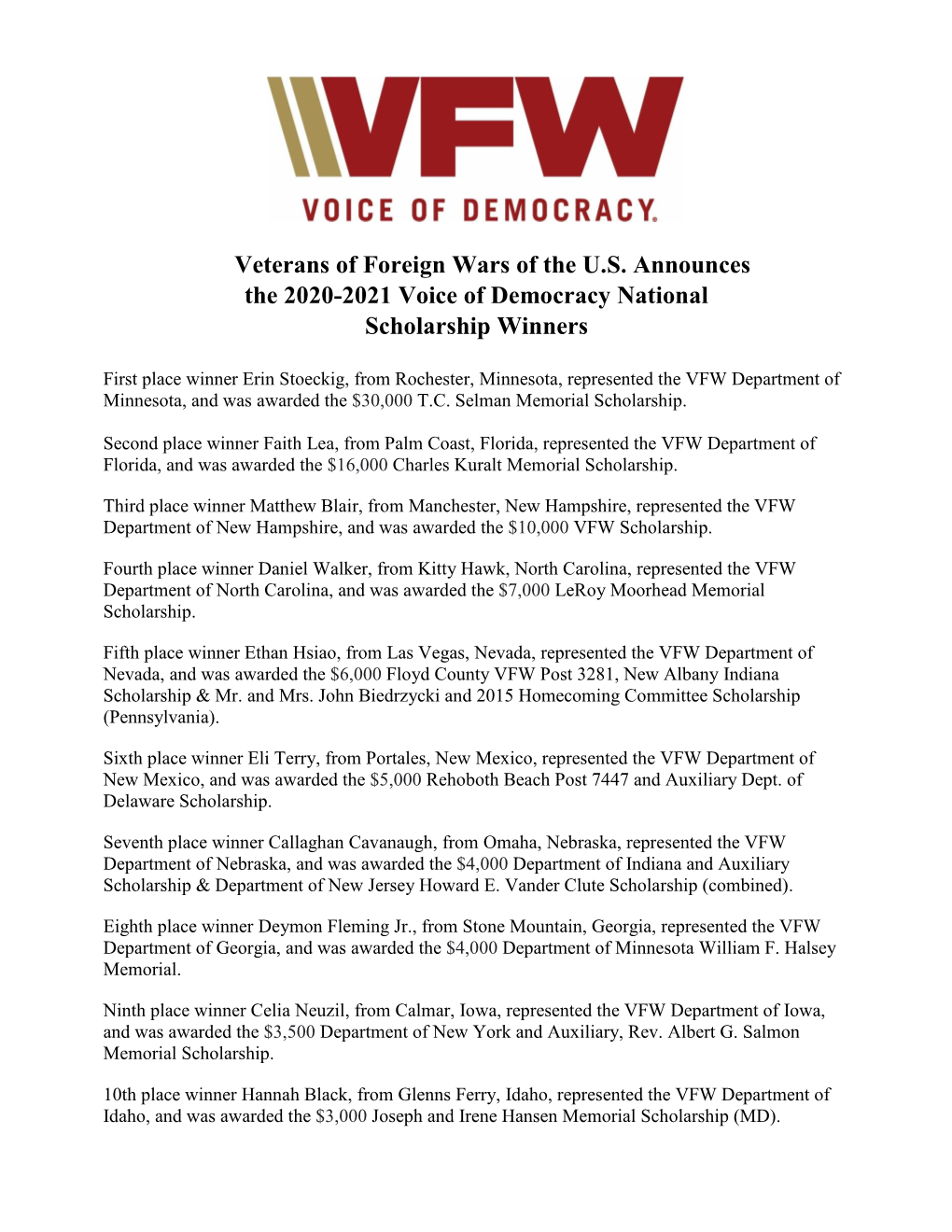 Veterans of Foreign Wars of the U.S. Announces the 2020-2021 Voice of Democracy National Scholarship Winners