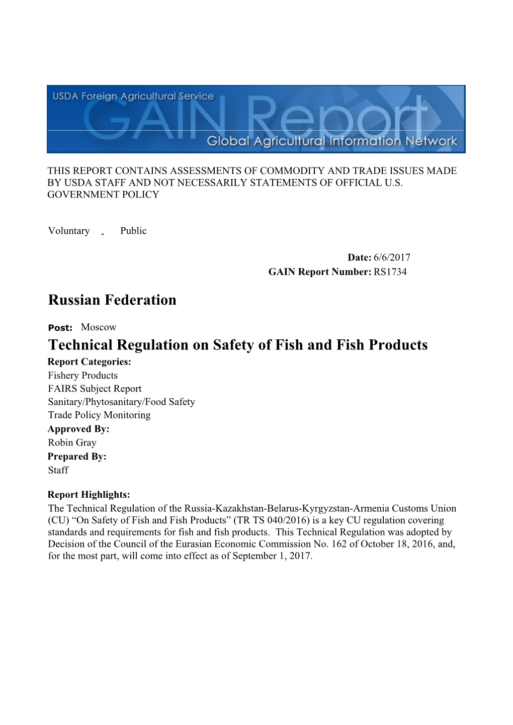 RS1734 Technical Regulation on Safety of Fish and Fish Products