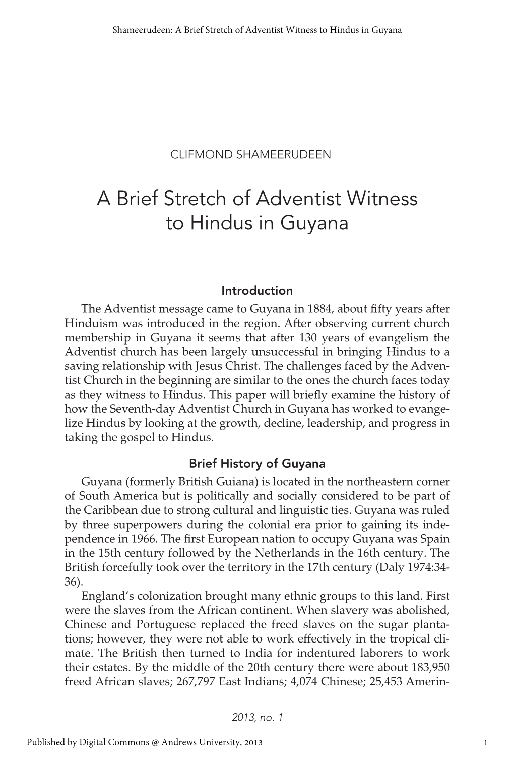 A Brief Stretch of Adventist Witness to Hindus in Guyana