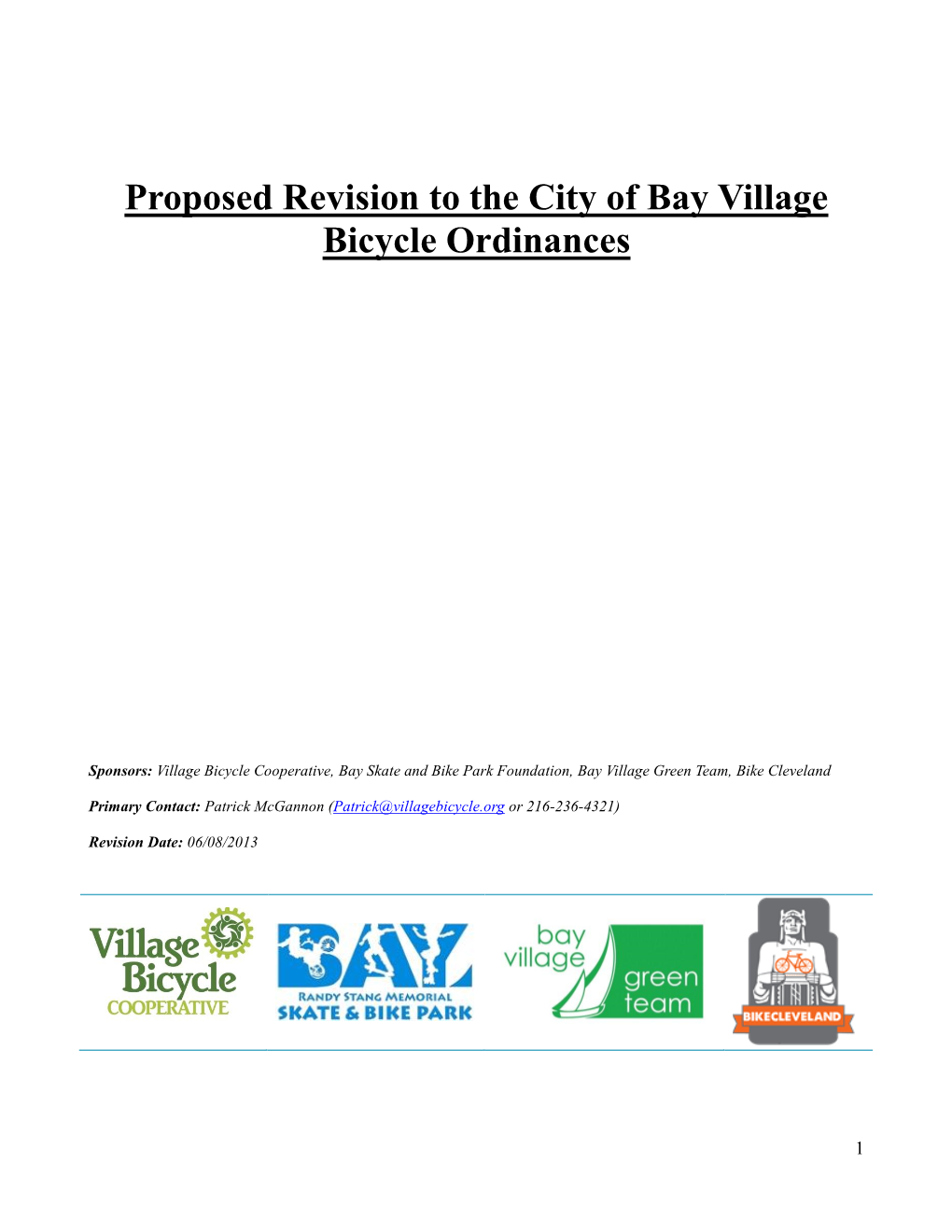 Proposed Revision to the City of Bay Village Bicycle Ordinances