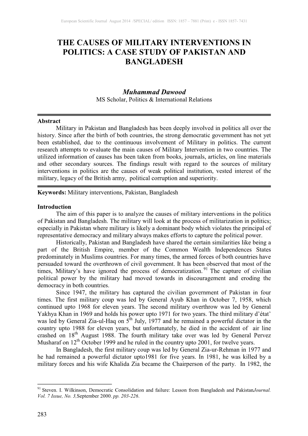 The Causes of Military Interventions in Politics: a Case Study of Pakistan and Bangladesh