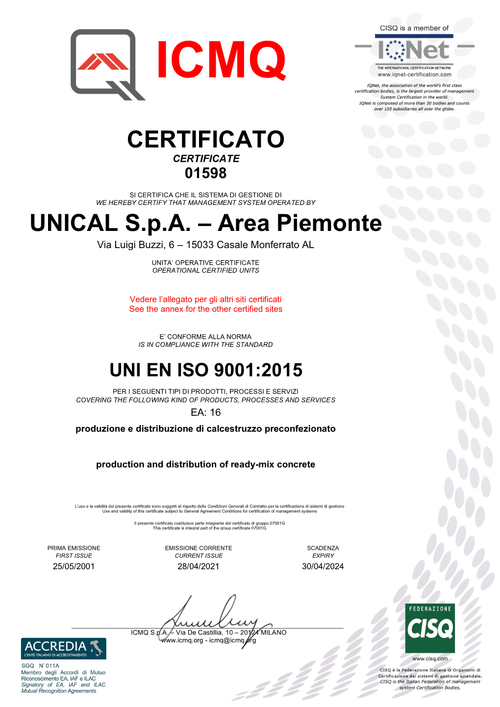 Certificato Area Piemonte