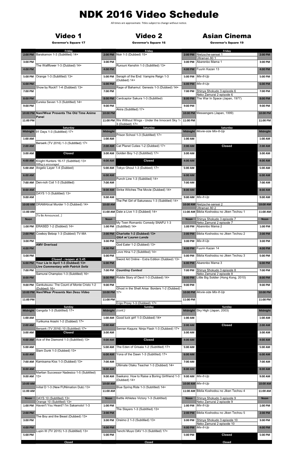 NDK 2016 Video Schedule All Times Are Approximate