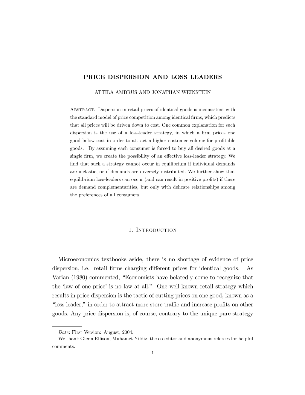 PRICE DISPERSION and LOSS LEADERS 1. Introduction