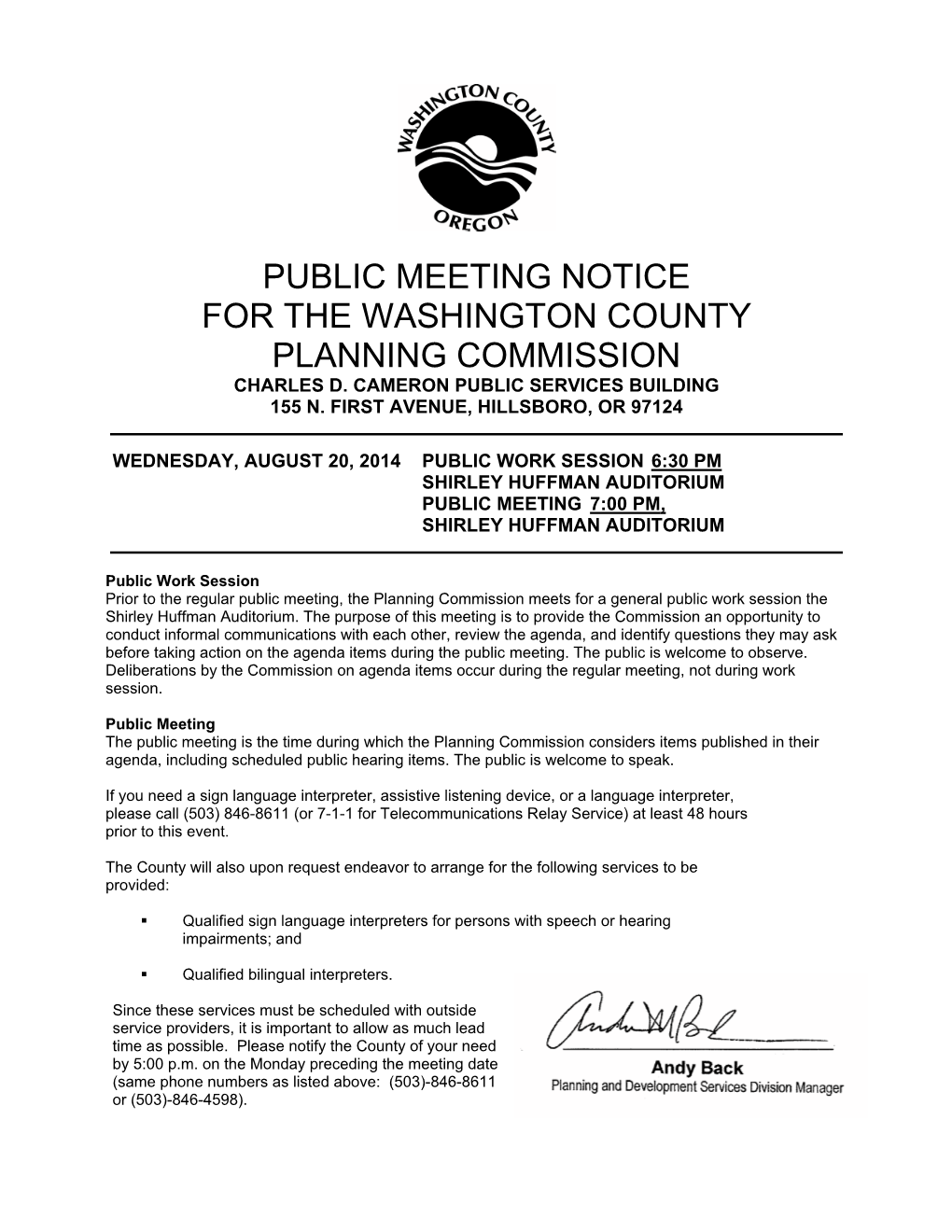 Public Meeting Notice for the Washington County Planning Commission Charles D