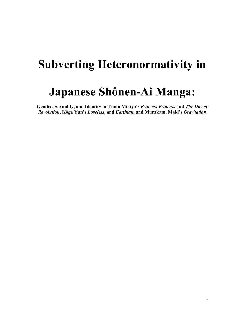 Subverting Heteronormativity in Japanese Shônen-Ai Manga