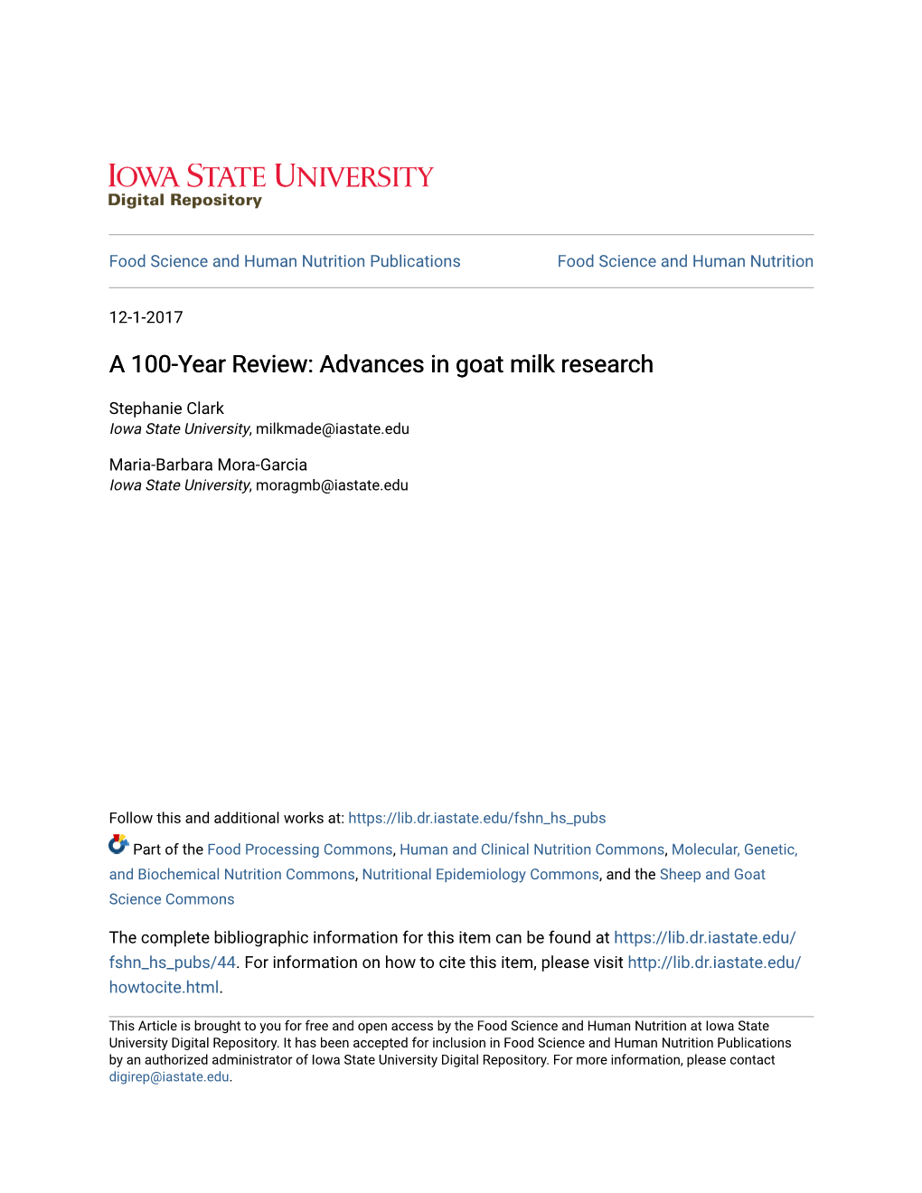 Advances in Goat Milk Research