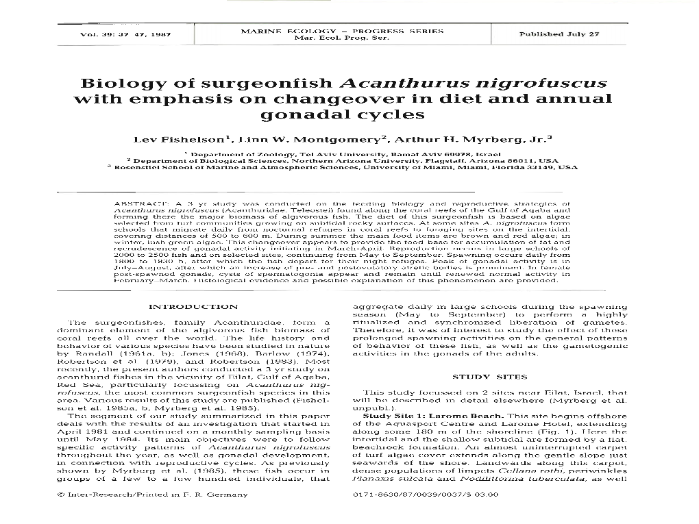 Biology of Surgeonfish Acanthurus Nigrofuscus with Emphasis on Changeover in Diet and Annual Gonadal Cycles