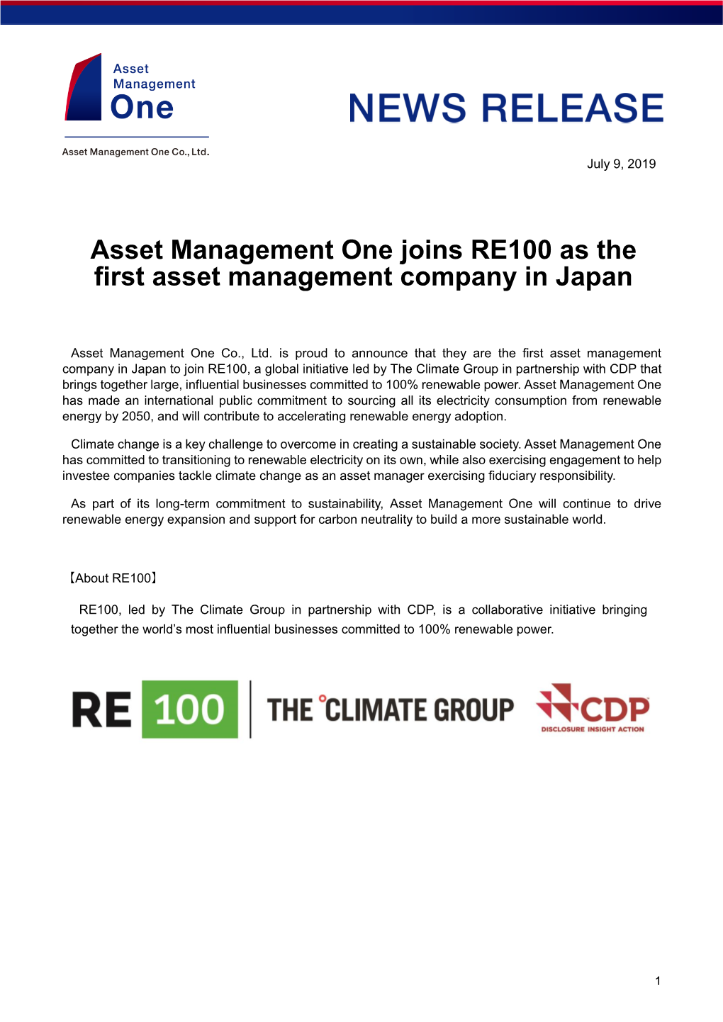 Asset Management One Joins RE100 As the First Asset Management Company in Japan