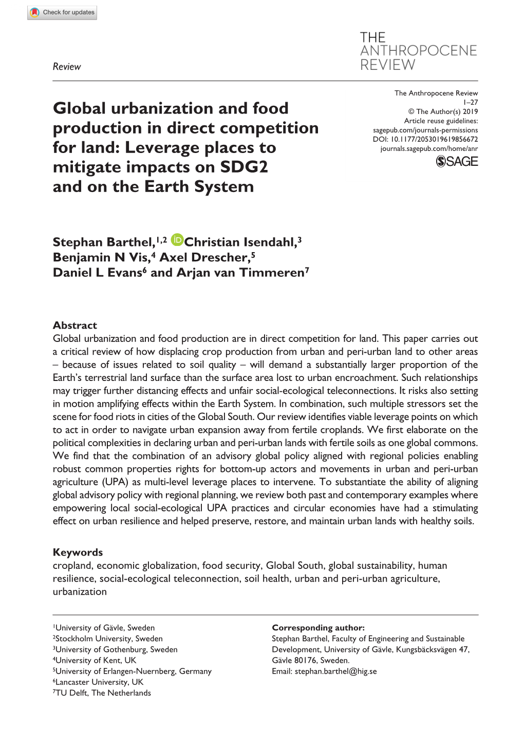 Global Urbanization and Food Production in Direct Competition For