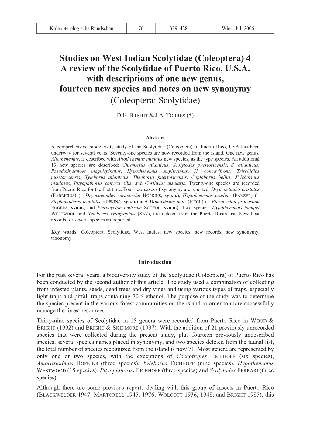 Studies on West Indian Scolytidae (Coleoptera) 4 a Review of the Scolytidae of Puerto Rico, U.S.A