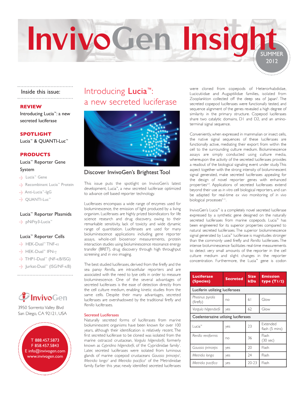 Invivogen Insight Newsletter: Lucia™: a New Secreted Luciferase