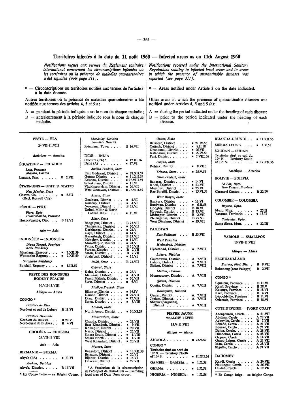 Territoires Infectés À La Date Du 11 Août 1960 — Mected Areas As On