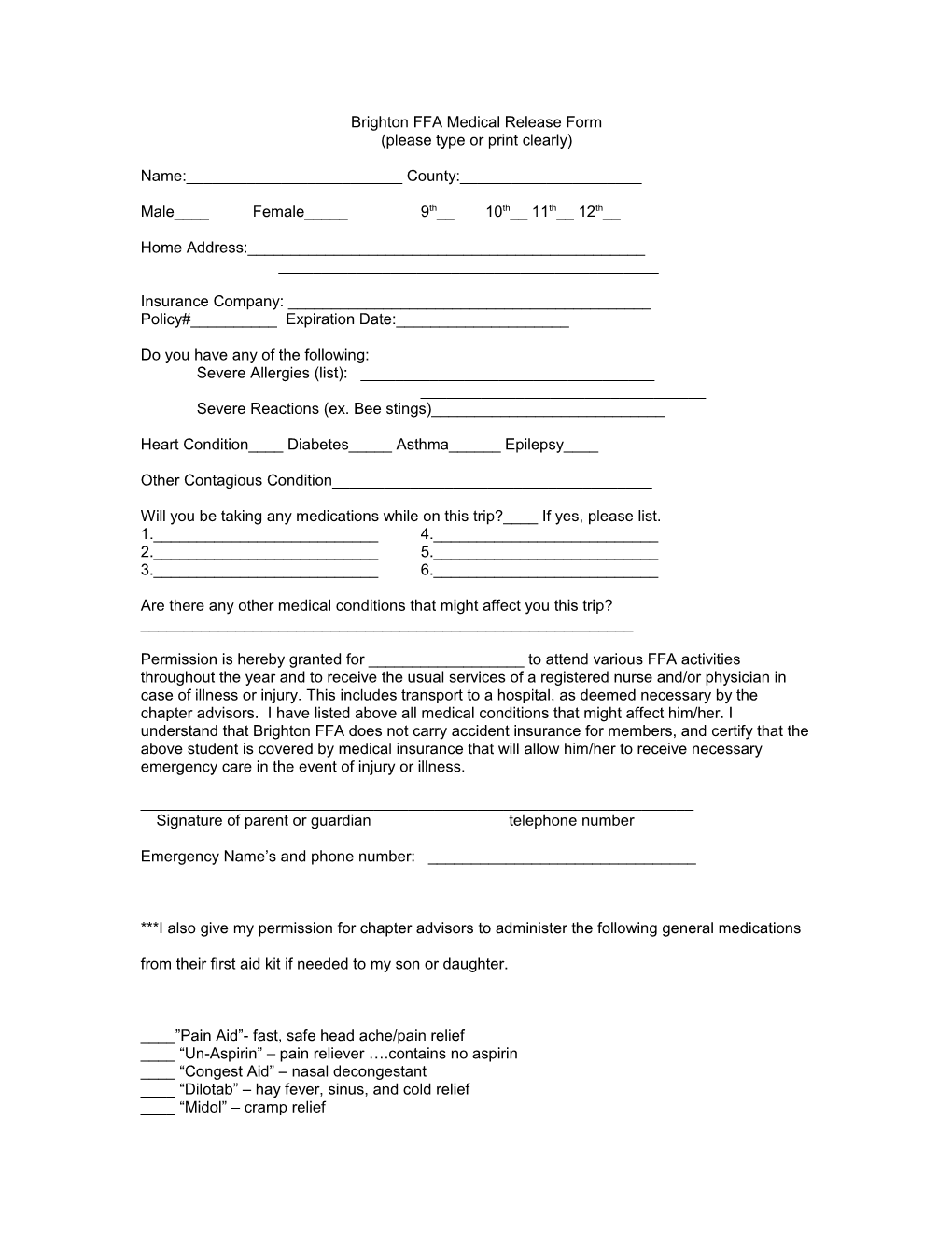 Brighton FFA Medical Release Form