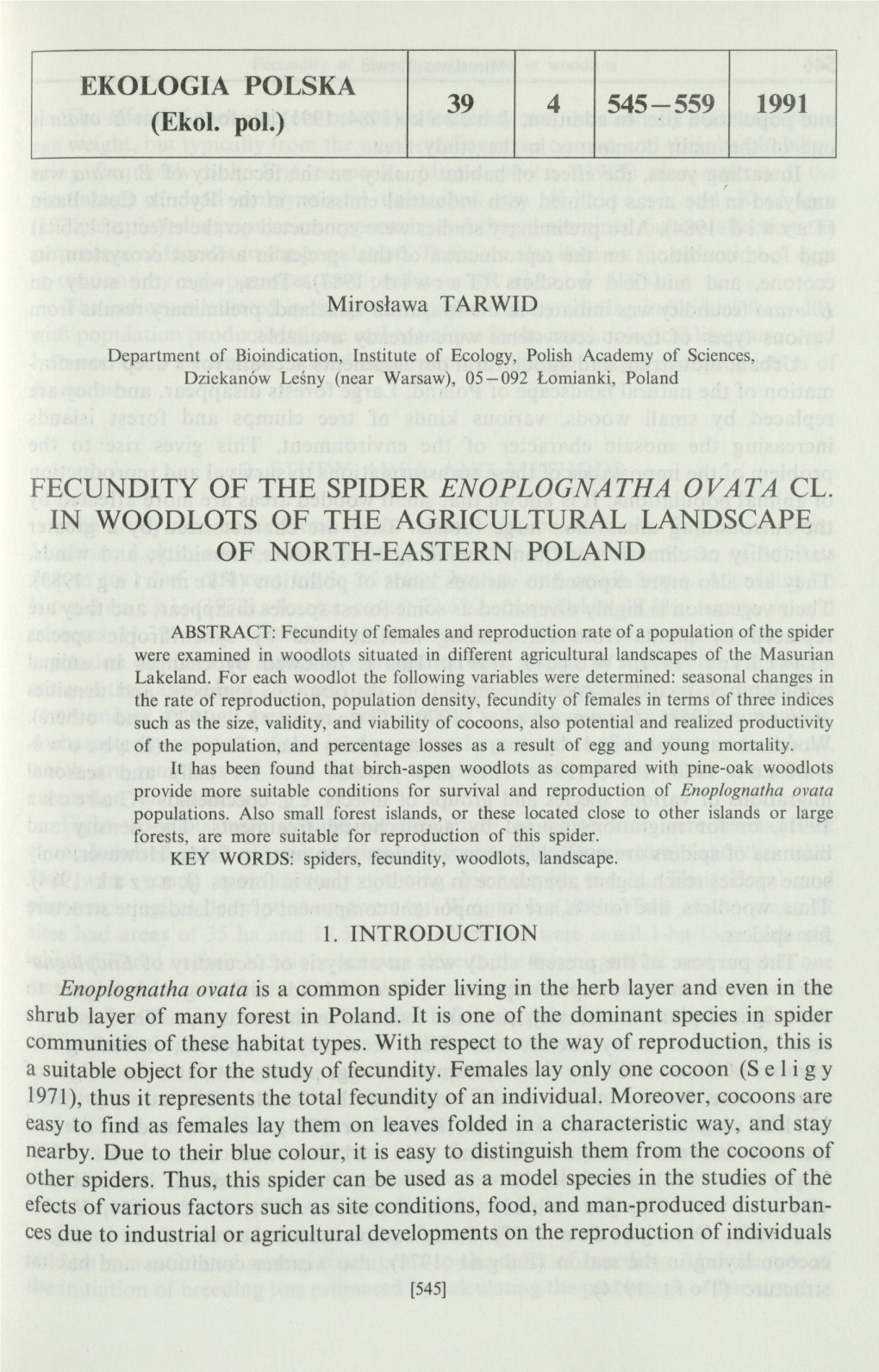 Fecundity of the Spider Enoplognatha Ovata Cl. in Woodlots of the Agricultural Landscape of North-Eastern Poland
