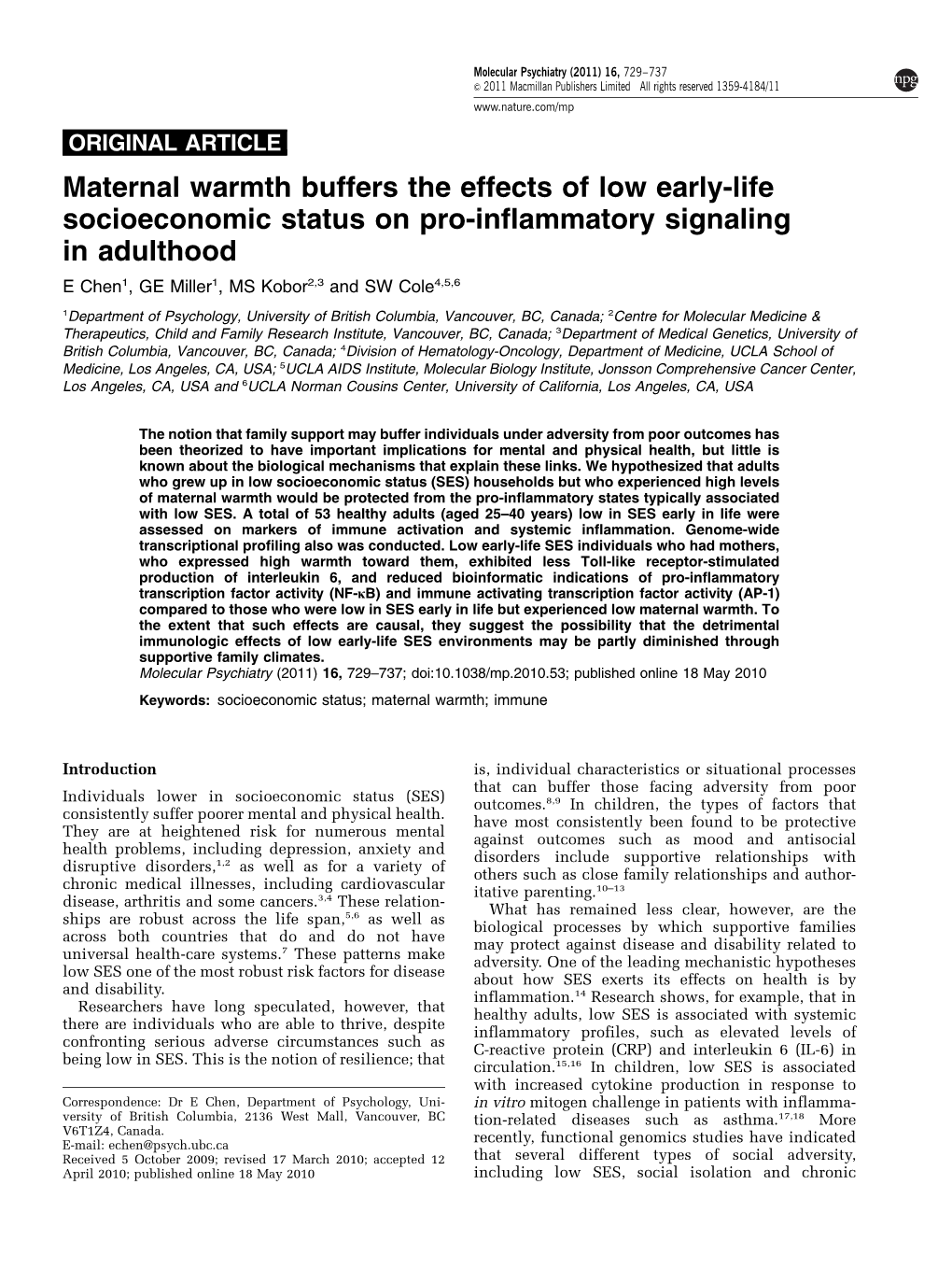 Maternal Warmth Buffers the Effects of Low Early-Life Socioeconomic Status