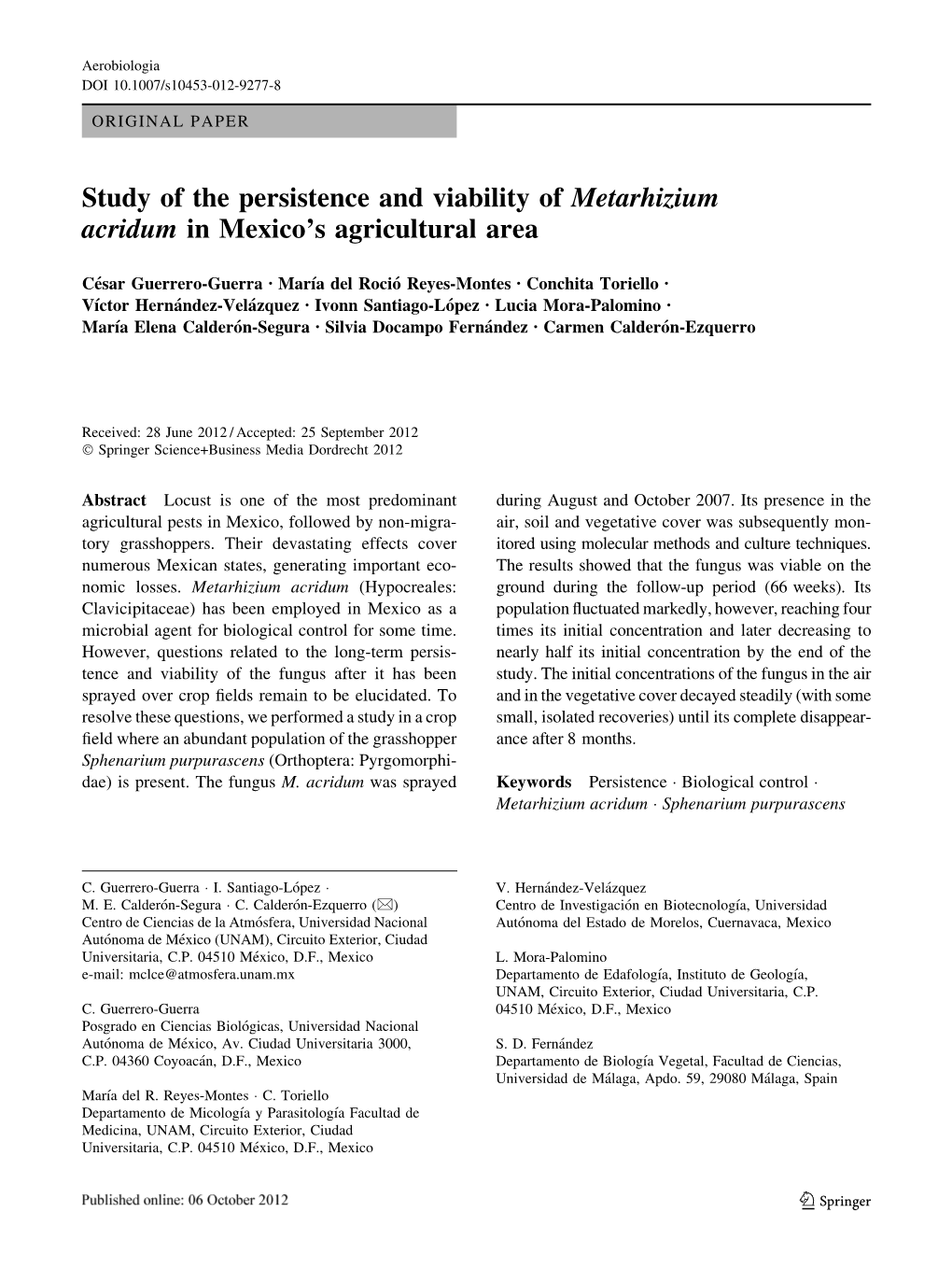 Study of the Persistence and Viability of Metarhizium Acridum in Mexico's