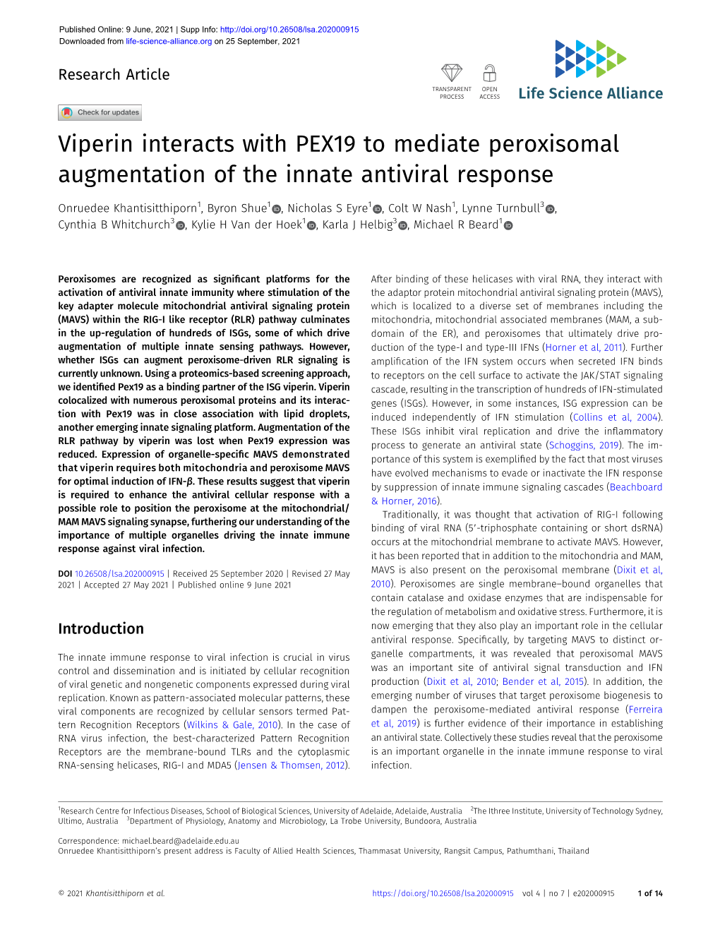 Viperin Interacts with PEX19 to Mediate Peroxisomal Augmentation of the Innate Antiviral Response