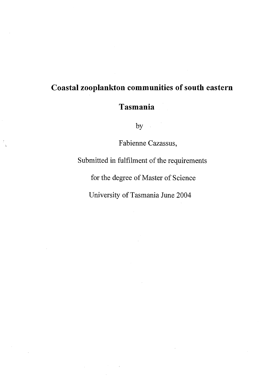 Coastal Zooplankton Communities of South Eastern Tasmania