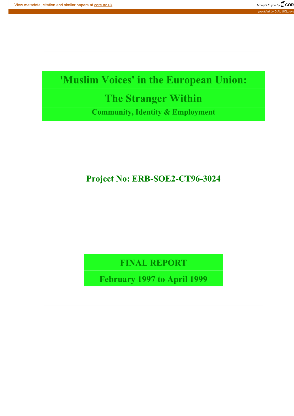 'Muslim Voices' in the European Union: the Stranger Within Community, Identity & Employment
