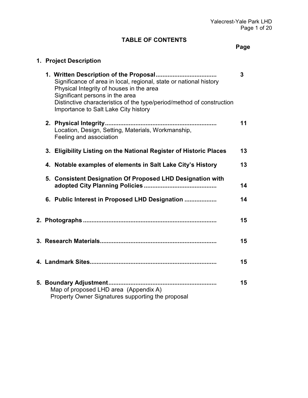 TABLE of CONTENTS Page 1. Project Description 1. Written