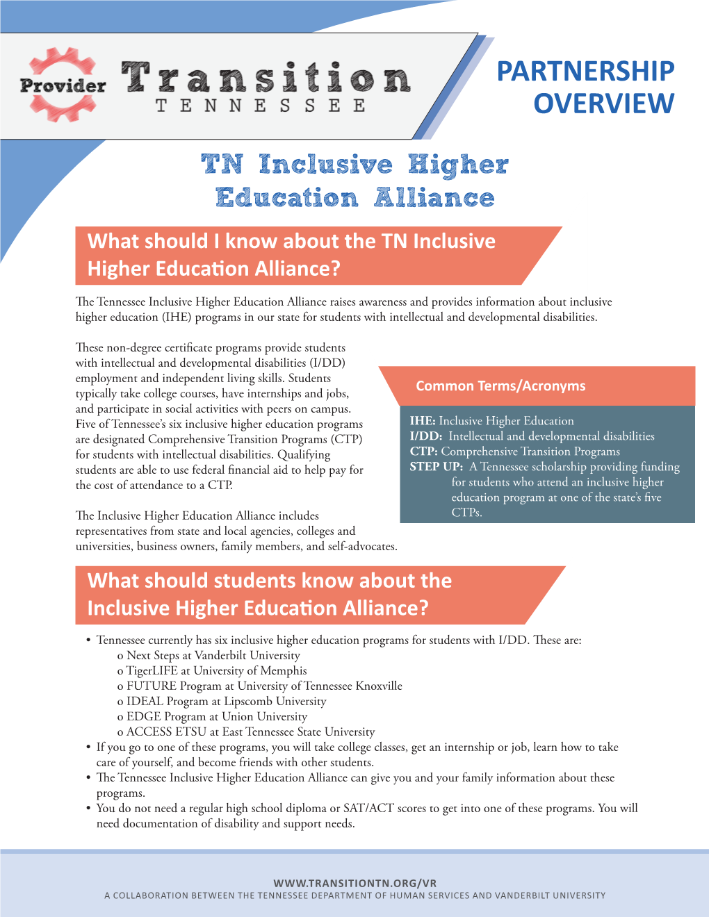 TN Inclusive Higher Education Alliance What Should I Know About the TN Inclusive Higher Education Alliance?