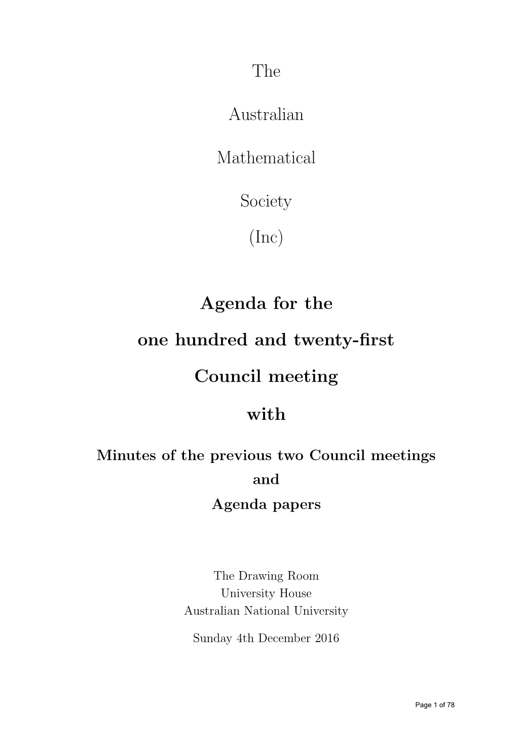 The Australian Mathematical Society (Inc) Agenda