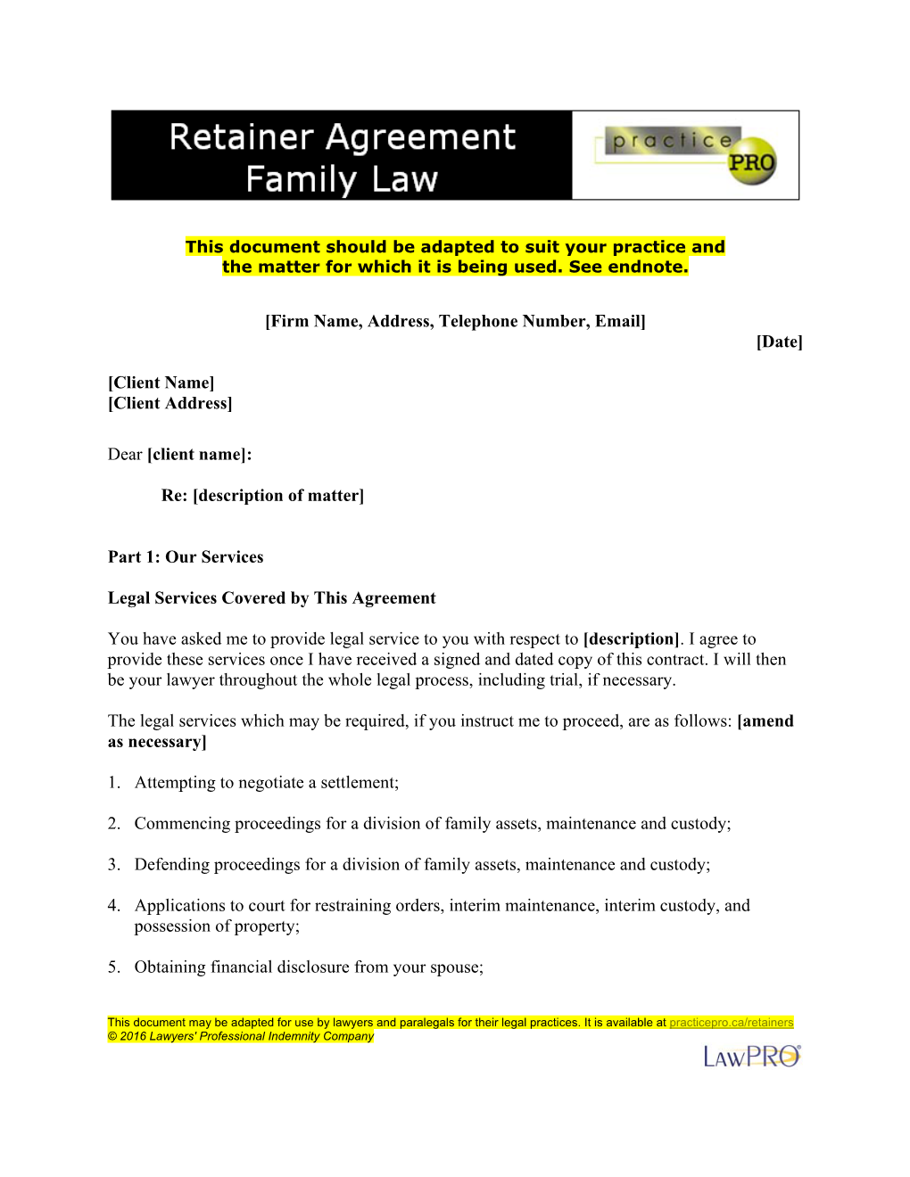 Retainer Agreement Family Law