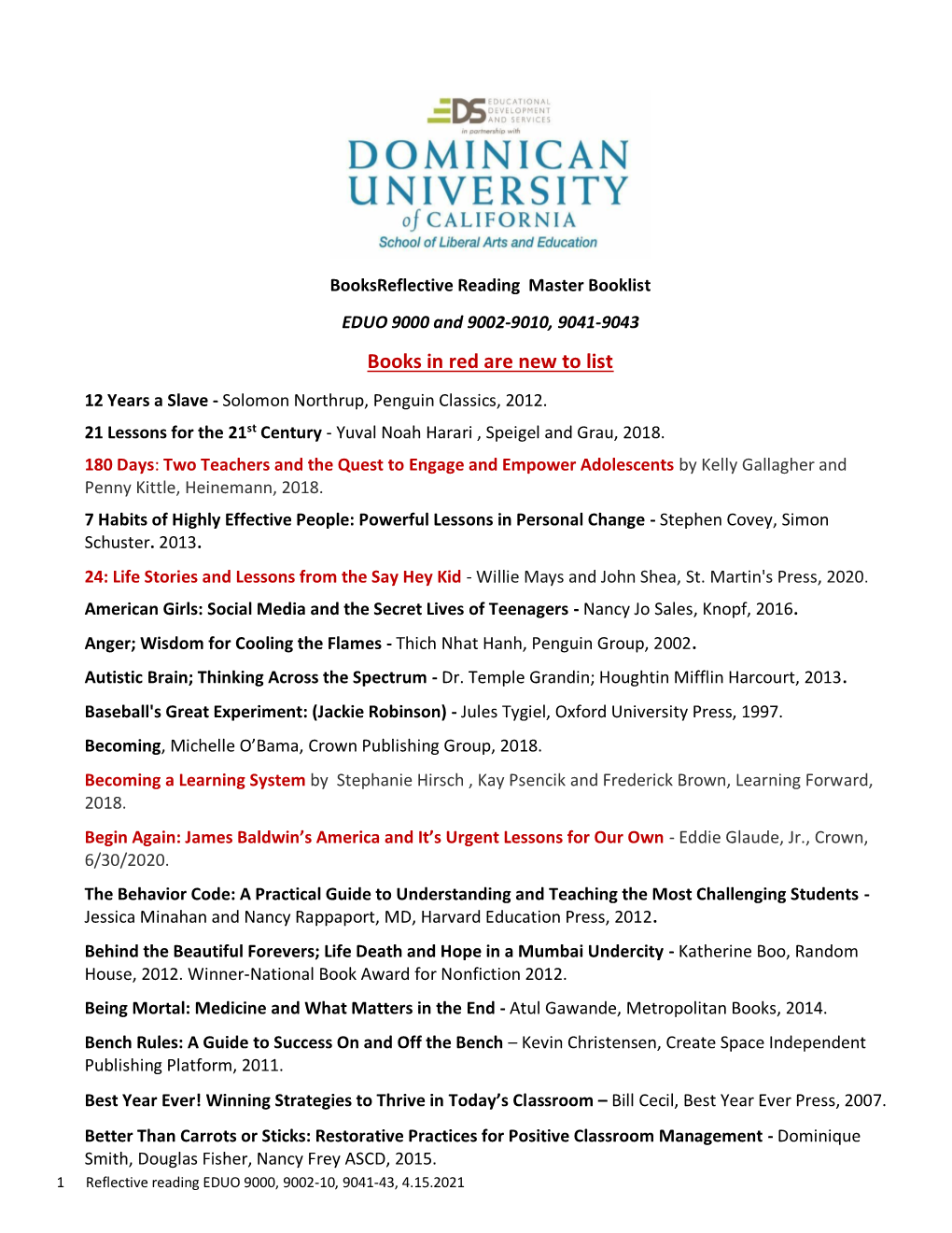 Reflective Reading Master Booklist EDUO 9000 and 9002-9010, 9041-9043 Books in Red Are New to List 12 Years a Slave - Solomon Northrup, Penguin Classics, 2012