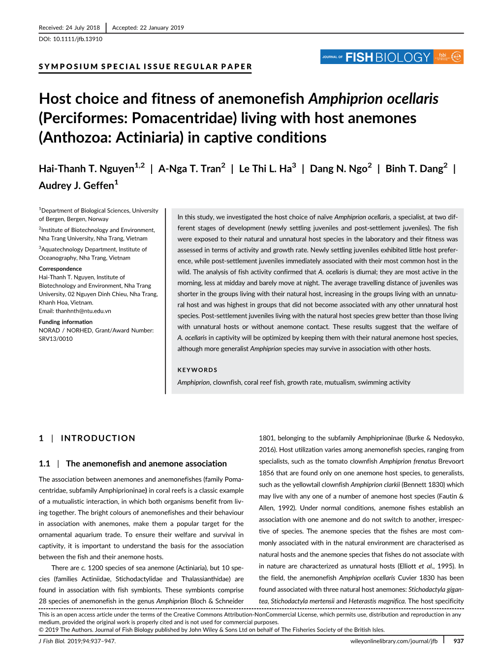 Host Choice and Fitness of Anemonefish Amphiprion Ocellaris (Perciformes: Pomacentridae) Living with Host Anemones (Anthozoa: Actiniaria) in Captive Conditions
