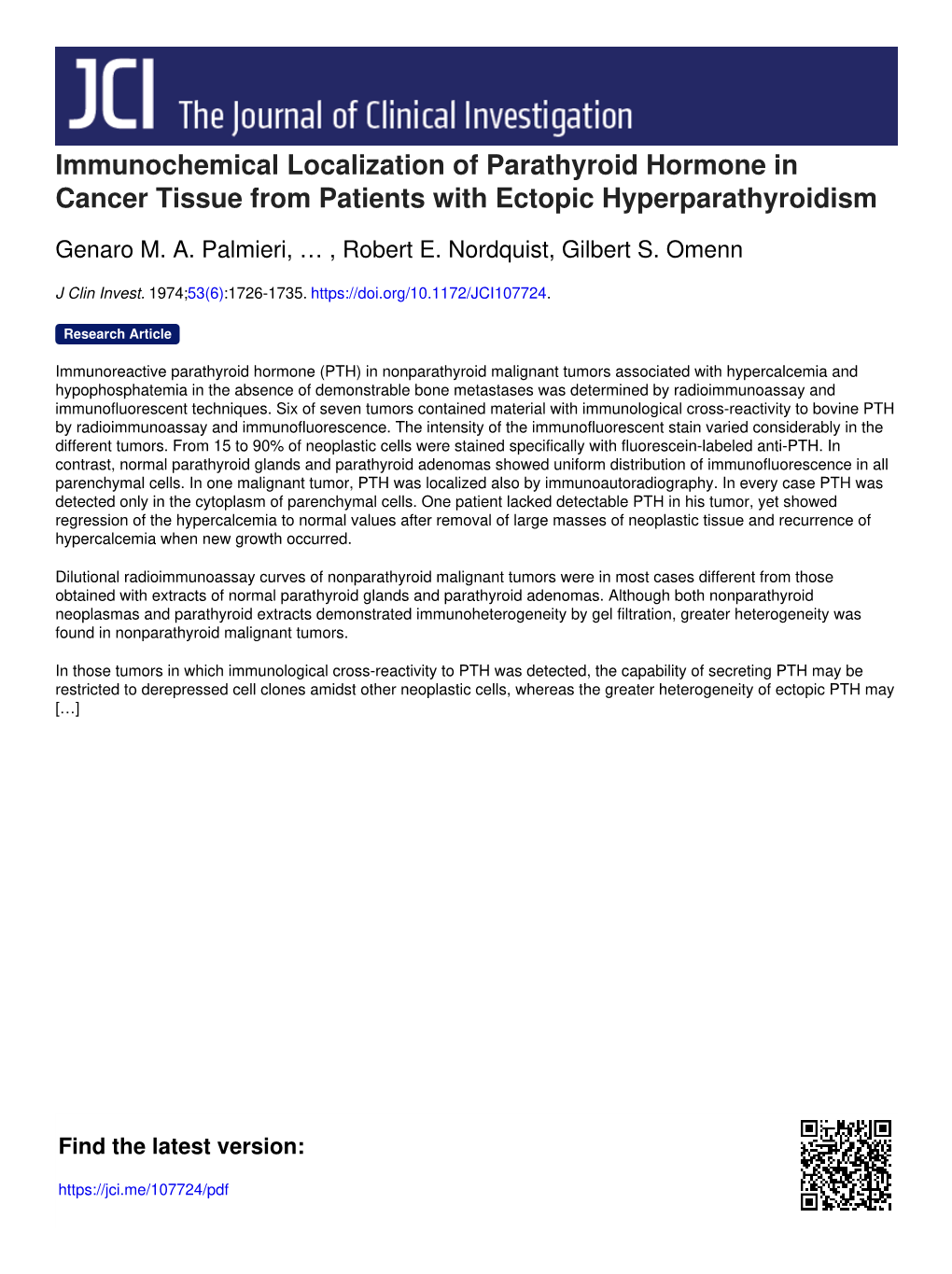 Immunochemical Localization of Parathyroid Hormone in Cancer Tissue from Patients with Ectopic Hyperparathyroidism