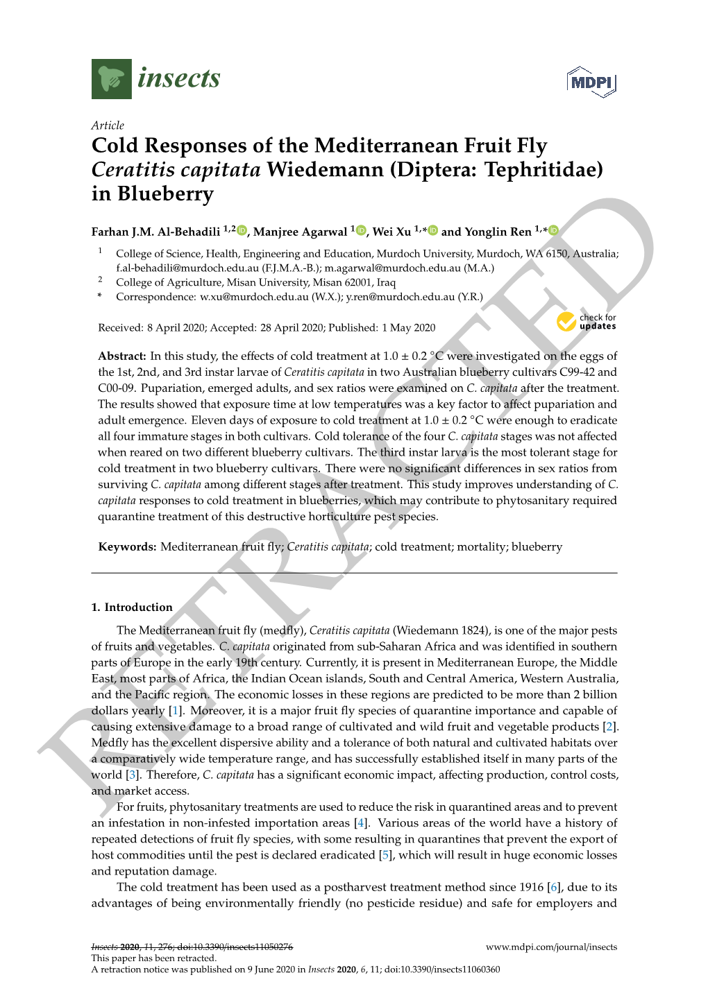 Cold Responses of the Mediterranean Fruit Fly Ceratitis Capitata Wiedemann (Diptera: Tephritidae) in Blueberry