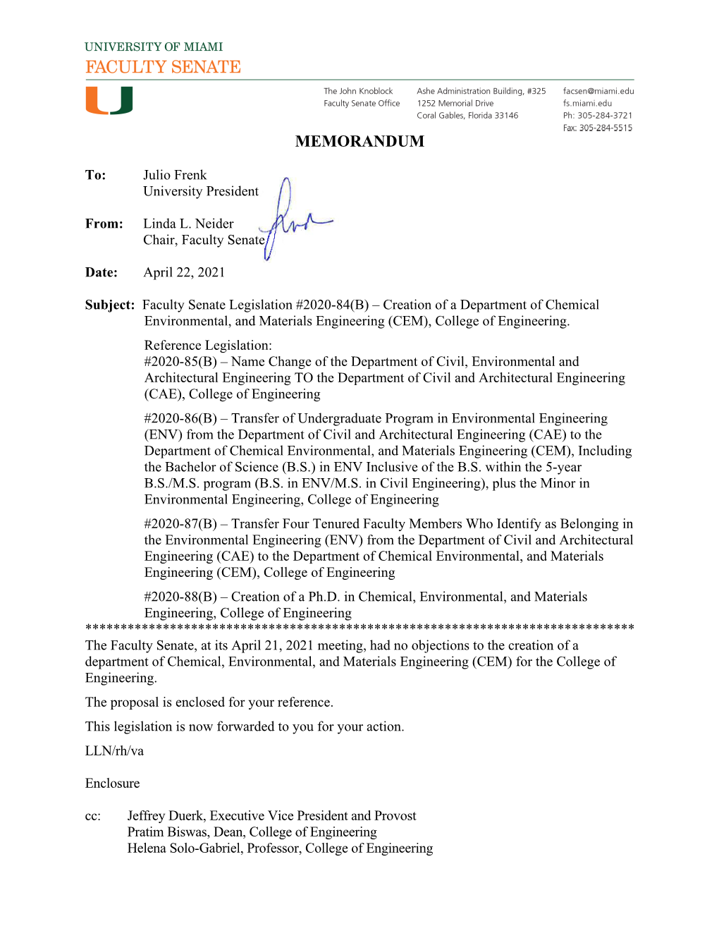 2020-84(B) – Creation of a Department of Chemical Environmental, and Materials Engineering (CEM), College of Engineering