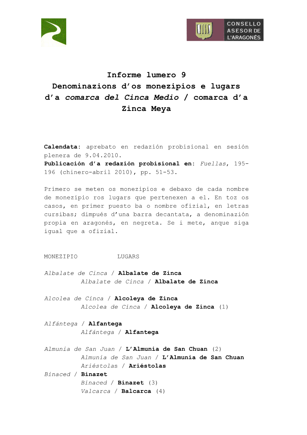 Informe Lumero 9 Denominazions D’Os Monezipios E Lugars D’A Comarca Del Cinca Medio / Comarca D’A Zinca Meya