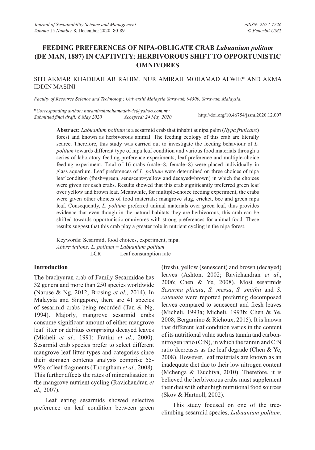 FEEDING PREFERENCES of NIPA-OBLIGATE CRAB Labuanium Politum (DE MAN, 1887) in CAPTIVITY; HERBIVOROUS SHIFT to OPPORTUNISTIC OMNIVORES