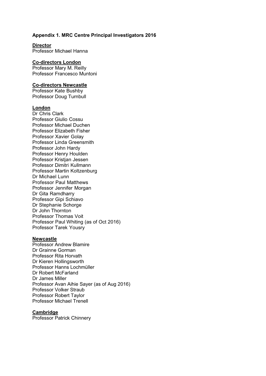 Appendix 1. MRC Centre Principal Investigators 2016