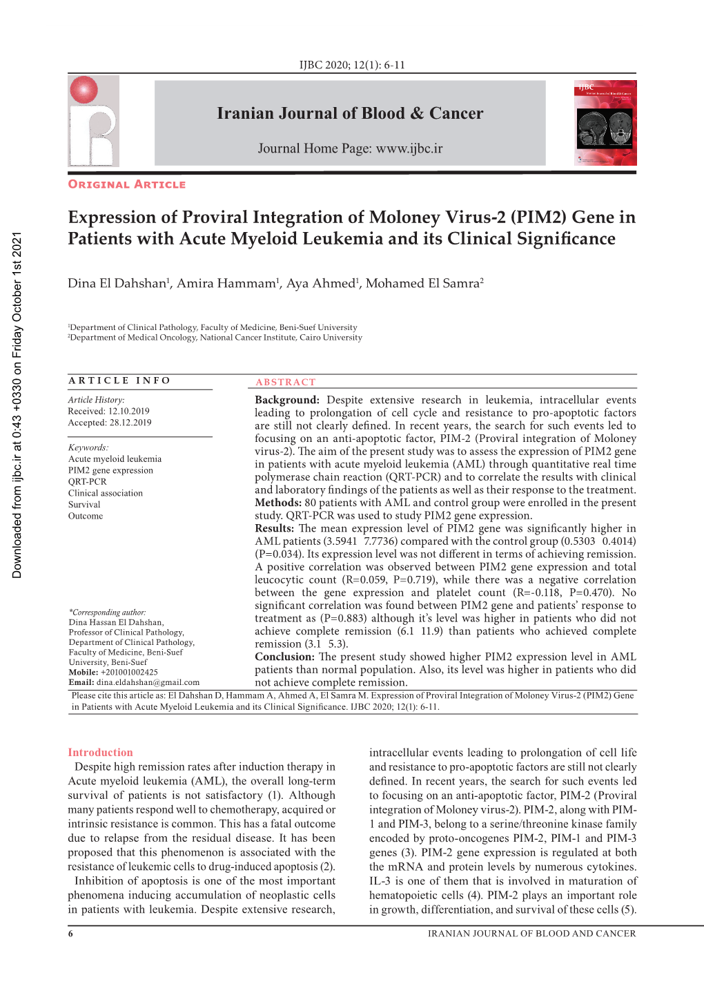 (PIM2) Gene in Patients with Acute Myeloid Leukemia and Its Clinical Significance