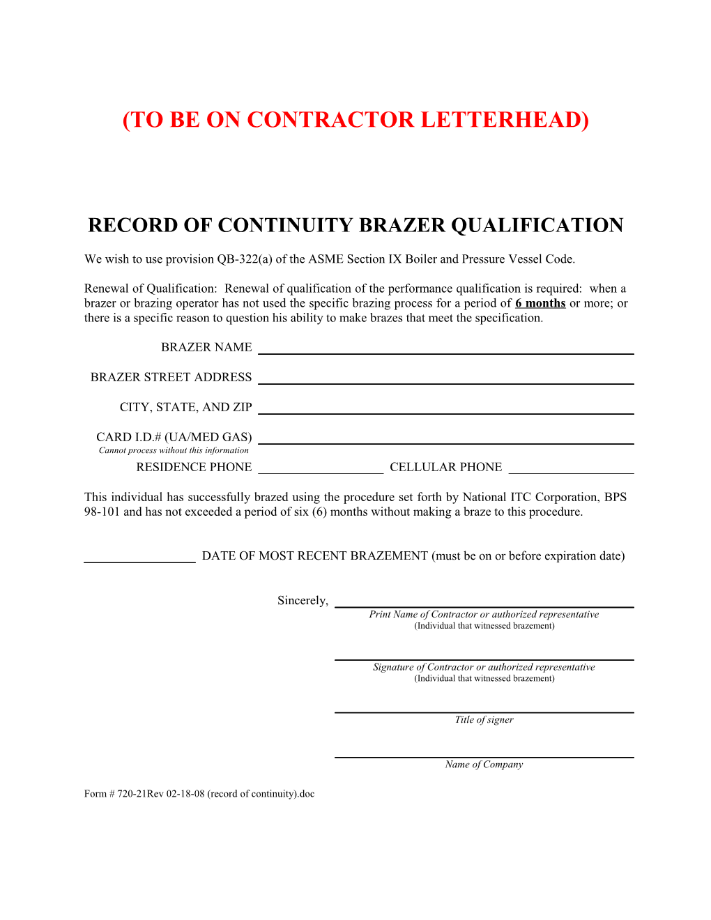 Record of Continuity Brazer Qualification