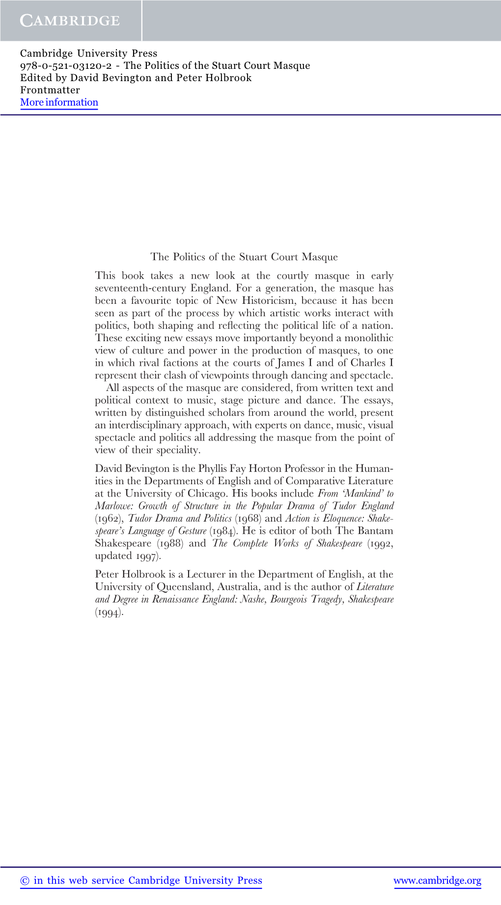 The Politics of the Stuart Court Masque Edited by David Bevington and Peter Holbrook Frontmatter More Information